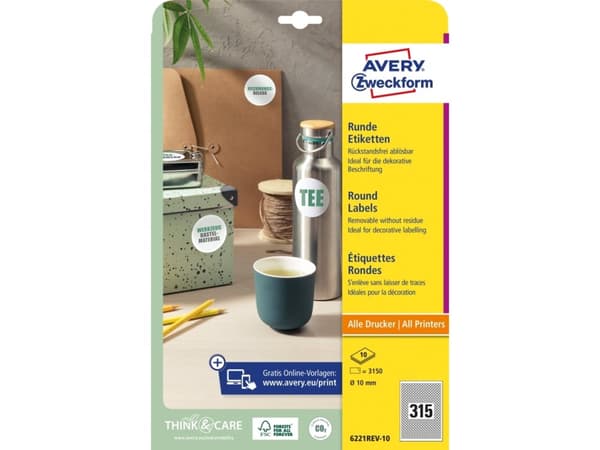 Avery 6221REV-10 Ø 10 mm, A4, vit Vit Vit 327x219x5mm (10 ark) - (10 ark per låda)
