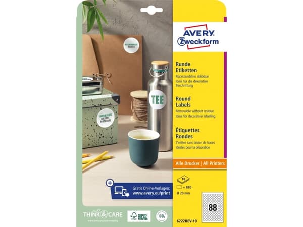 Avery 6222REV-10 Ø 20 mm, A4, vit Vit Vit 327x219x5mm (10 ark) - (10 ark per låda)