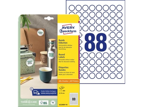 Avery 6222REV-10 Ø 20 mm, A4, vit Vit Vit 327x219x5mm (10 ark) - (10 ark per låda)