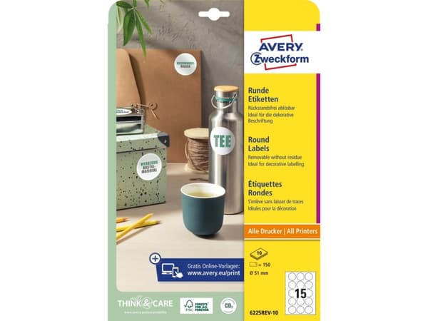 Avery 6225REV-10 Ø 51 mm, A4, Vit Vit Vit 327x219x5mm (10 ark) - (10 ark per låda)