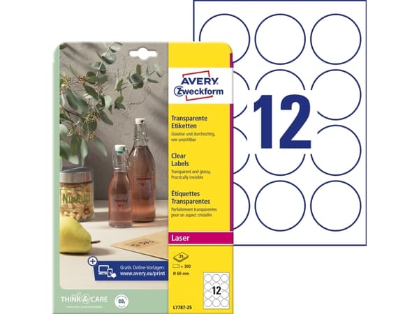 Avery L7787-25 Ø 60 mm, A4, läpinäkyvä Läpinäkyvä 327x219x9mm (25Ark)