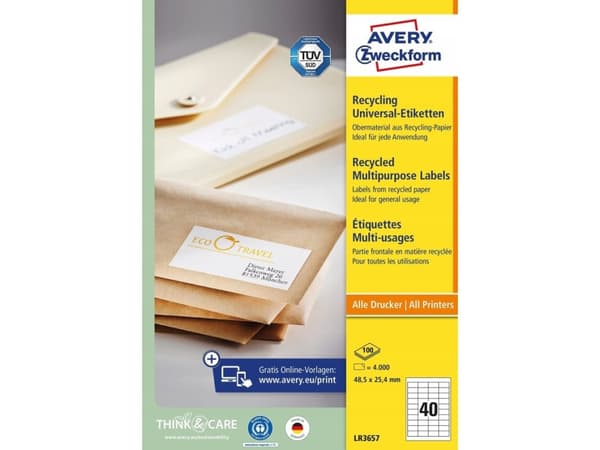 Avery LR3657, Vit, Självhäftande skrivaretikett, A4, papper, Laser/bläckstråleskrivare, Permanent