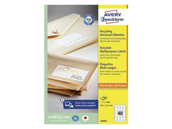 Avery LR3657, Vit, Självhäftande skrivaretikett, A4, papper, Laser/bläckstråleskrivare, Permanent