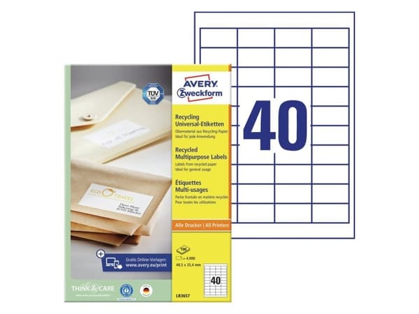 Avery LR3657, Vit, Självhäftande skrivaretikett, A4, papper, Laser/bläckstråleskrivare, Permanent