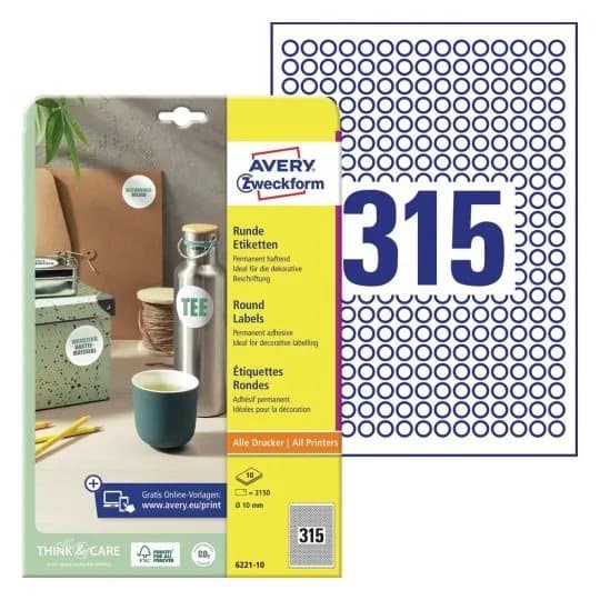 Avery 6221-10 Ø 10 mm, A4, Hvid Brug Avery 6221-10 Runde produkt etiketter til permanent mærkning for maksimal effekt på produkter og tilbud. Køb her