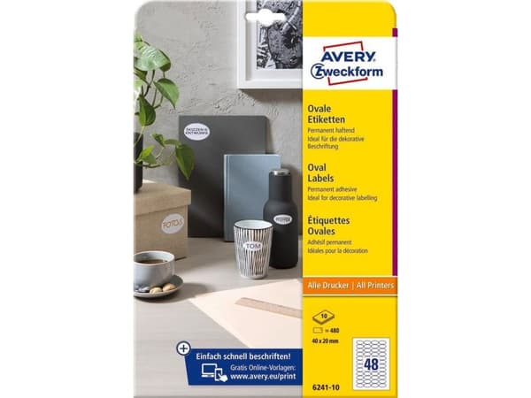 Avery 6241-10 40 x 20 mm, A4, vit Vit Vit 327x219x5mm (10 ark) - (10 ark per låda)