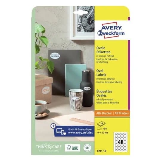Avery 6241-10 40 x 20 mm, A4, vit Vit Vit 327x219x5mm (10 ark) - (10 ark per låda)