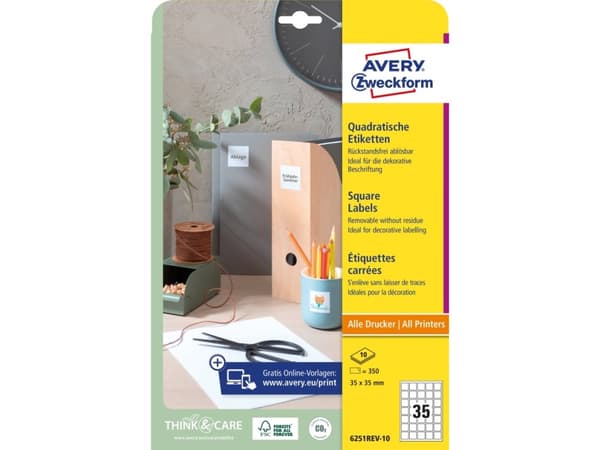 Avery 6251REV-10 35 x 35 mm, A4, vit Vit Vit 327x219x5mm (10 ark) - (10 ark per låda)