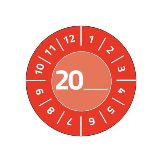 Rød inspektionsetiket Ø30 mm med årstal 20__ til selv at udfylde, Vinyl Rød - (10 ark x 8 stk.)