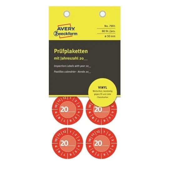 Rød inspektionsetiket Ø30 mm med årstal 20__ til selv at udfylde, Vinyl Rød - (10 ark x 8 stk.)