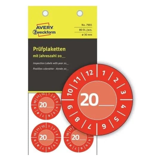 Rød inspektionsetiket Ø30 mm med årstal 20__ til selv at udfylde, Vinyl Rød - (10 ark x 8 stk.)
