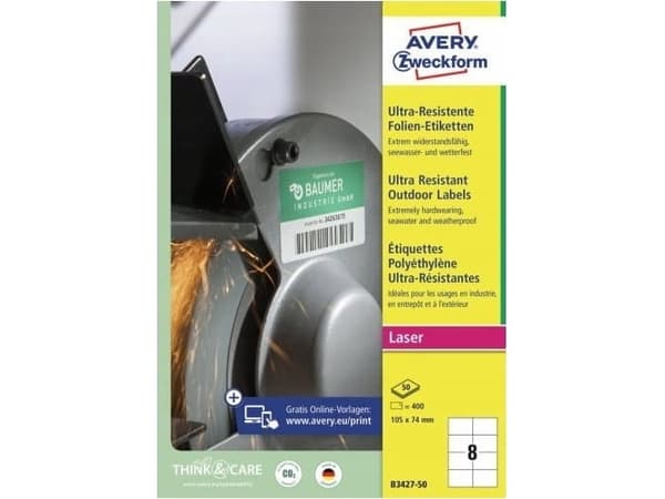 Avery B3427-50 105 x 74 mm, A4, belagt, Mat, Hvid Brug Avery B3427-50 har lang og stærk holdbarhed og fremragende klæbeevne, så dine budskaber ikke f