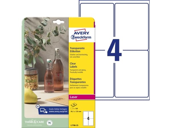 Avery L7786-25 99,1 x 139 mm, A4, Transparent Avery L7786-25 Gennemsigtige etiketter giver et stilfuldt og næsten usynligt udseende på dine produkter