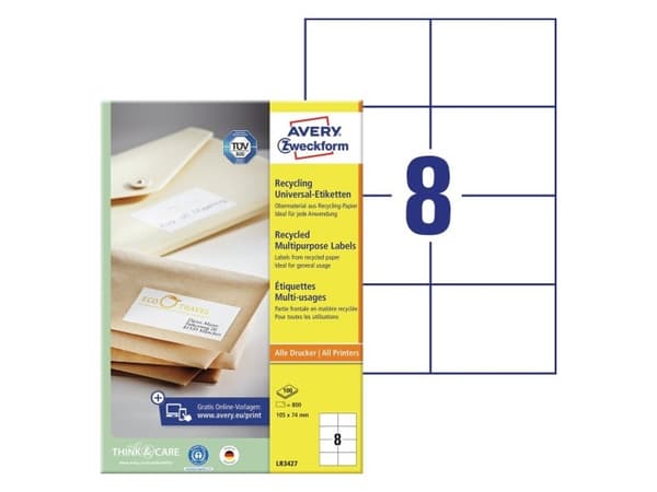 Avery LR3427, Hvit, Selvklebende skriveretikett, A4, Papir, Laser/Blekkskriver, Permanent