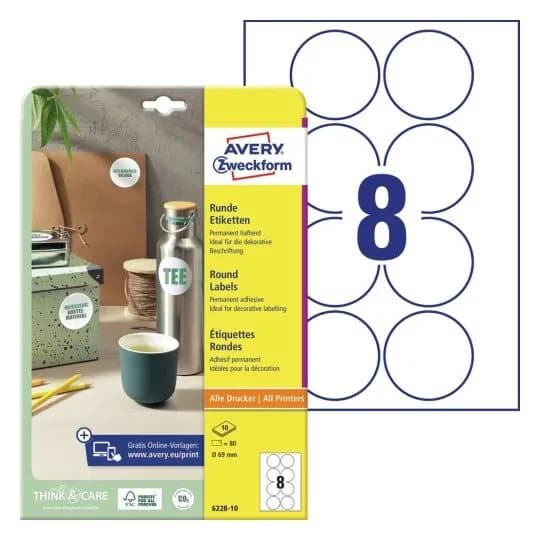 Avery 6228-10 Ø 69 mm, A4, Hvid Brug Avery 6228-10 Runde produkt etiketter til permanent mærkning for maksimal effekt på produkter og tilbud. Køb her