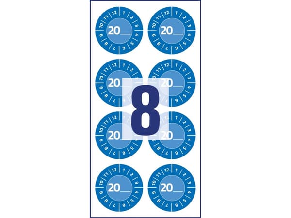 Blå inspektionsetiket Ø30 mm med årstal 20__ til selv at udfylde, Vinyl Blå - (10 ark x 8 stk.)