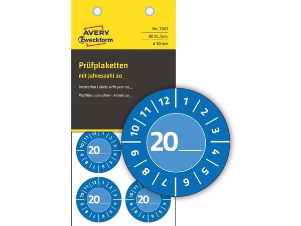 Blå inspektionsetiket Ø30 mm med årstal 20__ til selv at udfylde, Vinyl Blå - (10 ark x 8 stk.)