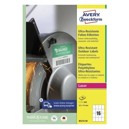 Avery B5274-50 52 x 74 mm, A4, belagd, matt, vit Vit Vit 311x220x23mm (50 ark) - (50 per låda)