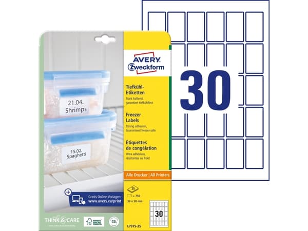 Avery L7975-25 30 x 50 mm, A4, vit Vit Vit 327x219x8mm (25 ark) - (25 ark per låda)