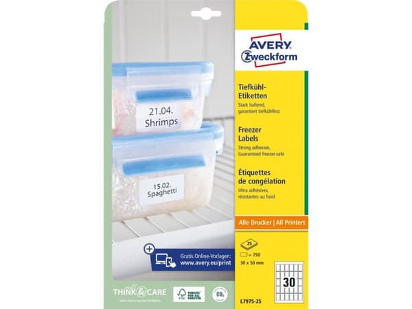Avery L7975-25 30 x 50 mm, A4, vit Vit Vit 327x219x8mm (25 ark) - (25 ark per låda)