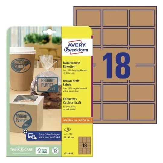 Avery L7110-25, Brun, Rundad rektangel, Permanent, 62 x 42 mm, A4, papper