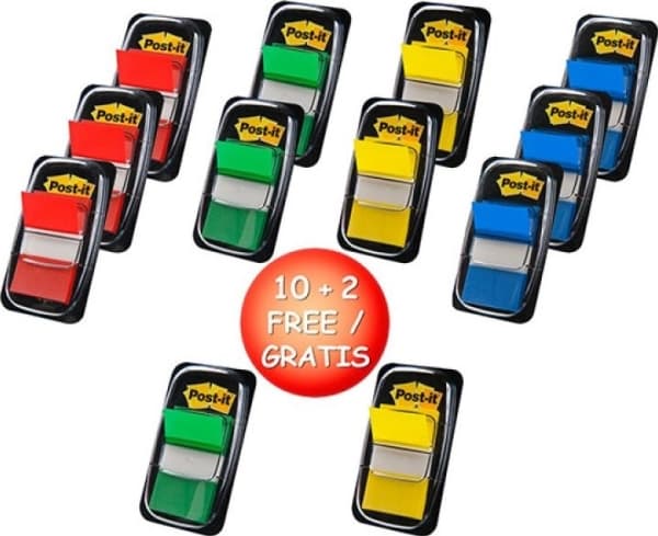 Post-it Index 680-P10+2 - Indeksflagg med dispenser - 25.4 x 43.2 mm - 600 ark (12 x 50) - gul, blå, grønn, rød (en pakke 12)