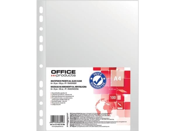 A4 dokumenthylser KONTORPRODUKTER PP transparent 30 mikron, pakke med 100 stk.