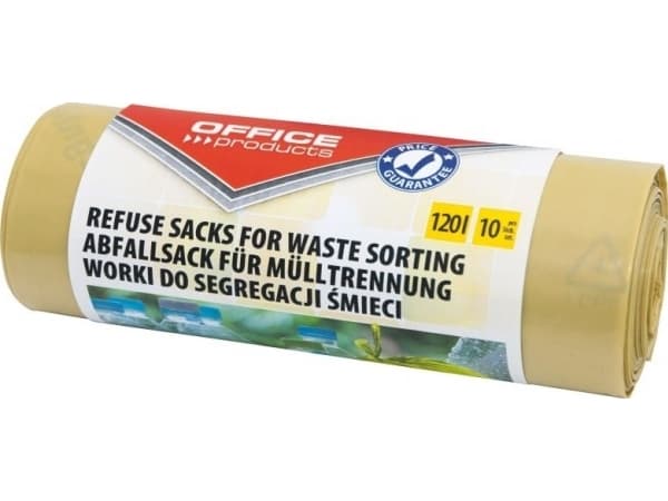 Kontorsprodukter Säckar för hushållsavfall, för plastsortering, starka (LDPE), 120l, 10st, gul