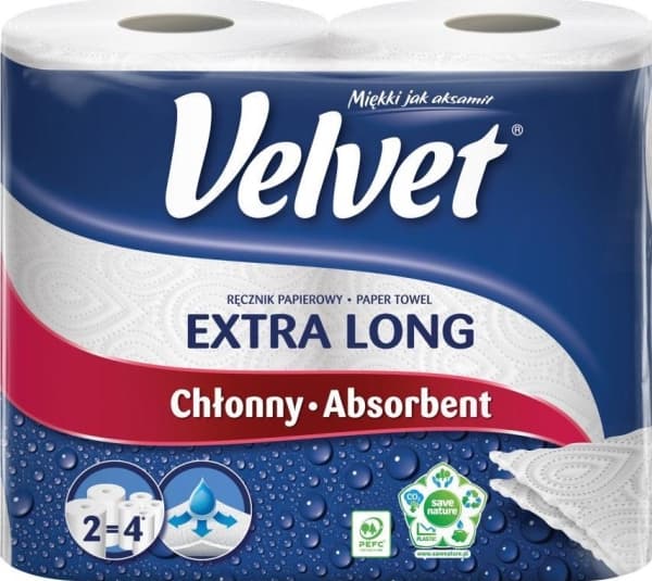 Velvet Cellulose håndkleruller FLØYL Den lengste, 2-lags, 90 ark, 2 stk., hvit