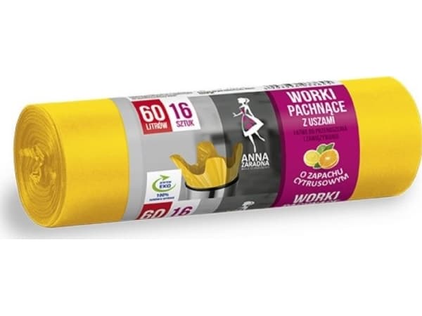 Anna Zaradna Garbage bags with ears ANNA ZARADNA, citrus fragrance, 60 l, 16 pcs, yellow