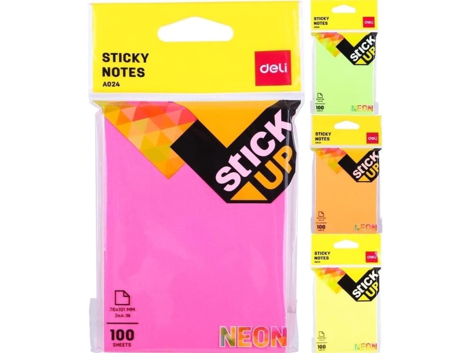 Deli SELF-ADHESIVE NOTEBOOK DELI A02402 NEON 76MM * 101MM 100 SHEETS MIX OF COLORS