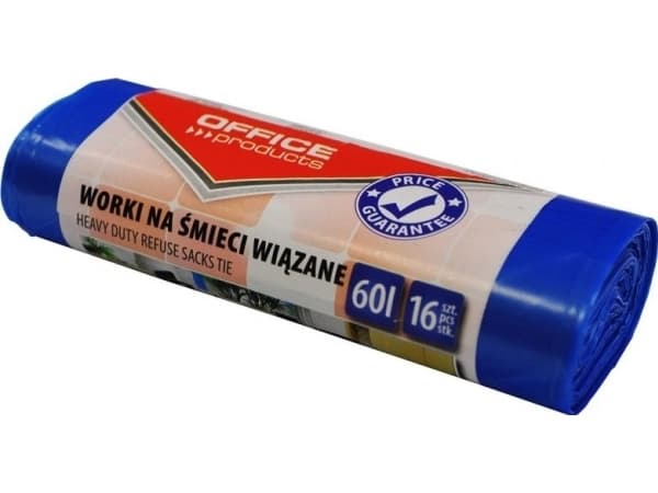 Office Products Tied garbage bags, OFFICE PRODUCTS, premium (LDHD), 60L, 16pcs, blue