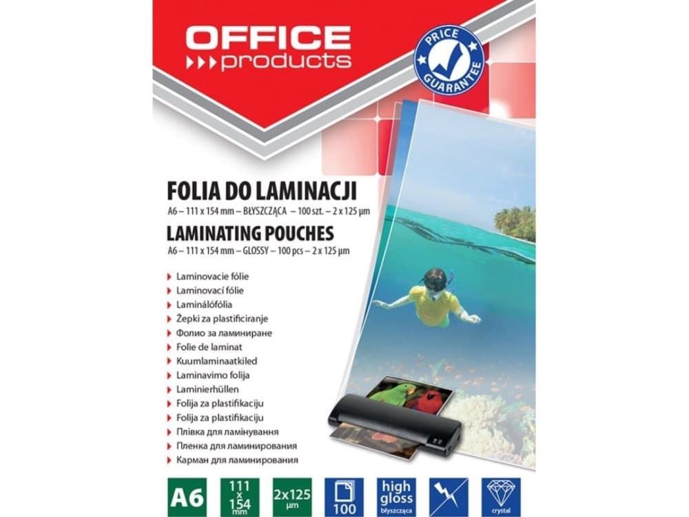 Office Products Laminating foil, OFFICE PRODUCTS, A6, 2x125 micr., Glossy, 100pcs, transparent