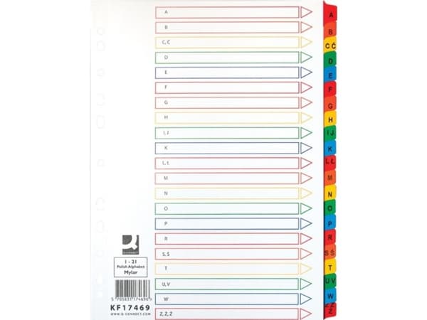 Q-CONNECT Mylar-välilehdet, kartonki, A4, 225x297mm, A-Z, 21 korttia, lam. hakemisto, sekavärit