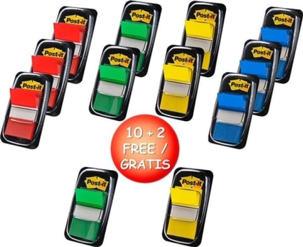 Indexflikar Post-it®, 4 sorterade färger, förpackning med 10 + 2 st.