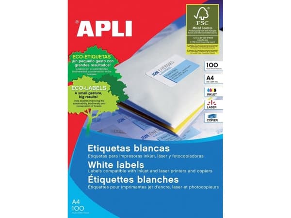 Apli APLI universaletiketter, 199,6x289,1mm, avrundet, hvit, 100 ark.