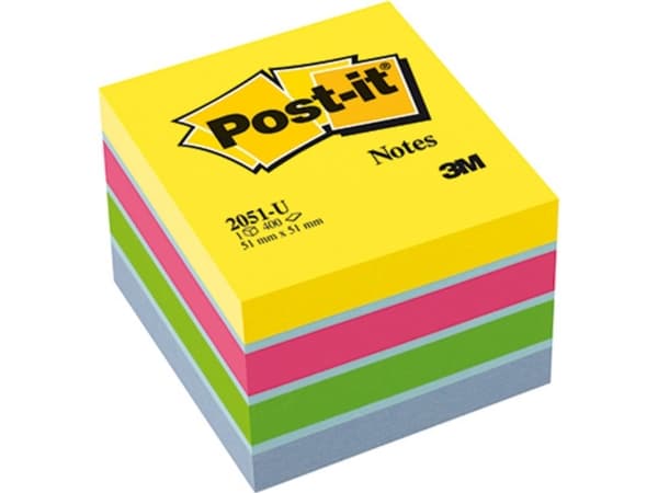 Post-It 2051-U, Neliö, Sininen, Vihreä, Vaaleanpunainen, Keltainen, Paperi, 51 mm, 51 mm, 400 arkkia