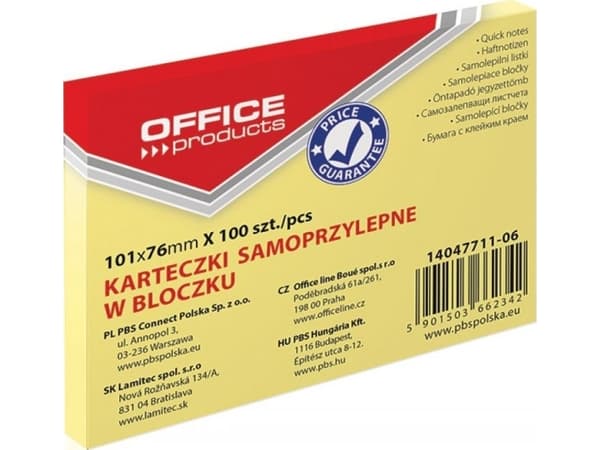 Office Products Bloczek samoprzylepny OFFICE PRODUCTS, 101x76mm, 1x100 kart., pastel, jasnożółty