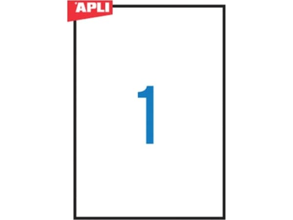 Apli APLI polyesteretiketter, 210x297mm, rektangulær, hvit, 20 ark.