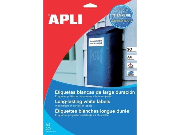 Apli APLI polyesteretiketter, 210x297mm, rektangulær, hvit, 20 ark.