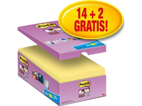 Post-it Post-it Super Sticky Notes (655-P16SSCY-EU), 127x76 mm 16x90 kort, gule, 2 GRATIS lapper