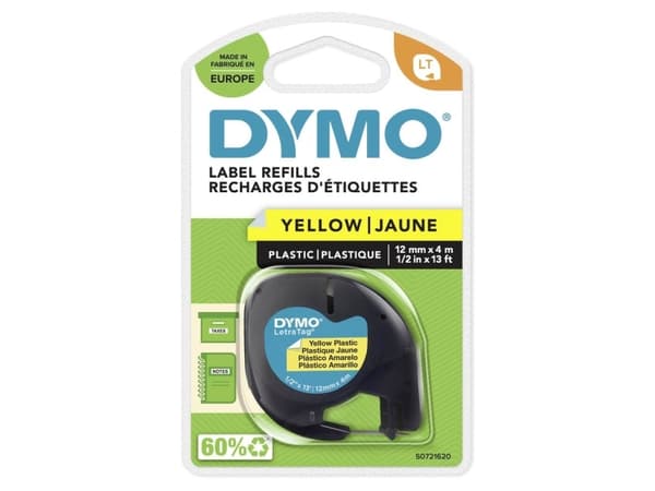 Tekstiteippi Dymo LetraTag, muovi, musta/keltainen