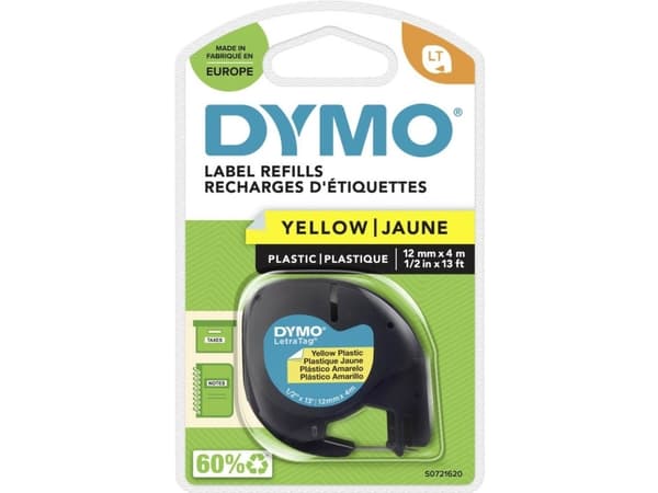 Tekstiteippi Dymo LetraTag, muovi, musta/keltainen