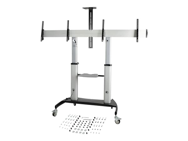 StarTech.com Dual TV Cart for 37-60in VESA TVs up to 110lb (50kg) each, Height Adjustable TV Mount, Mobile Display Cart w/ Webcam & Equipment Shelves