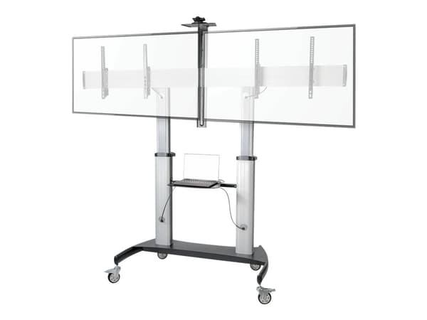 StarTech.com Dual TV Cart for 37-60in VESA TVs up to 110lb (50kg) each, Height Adjustable TV Mount, Mobile Display Cart w/ Webcam & Equipment Shelves