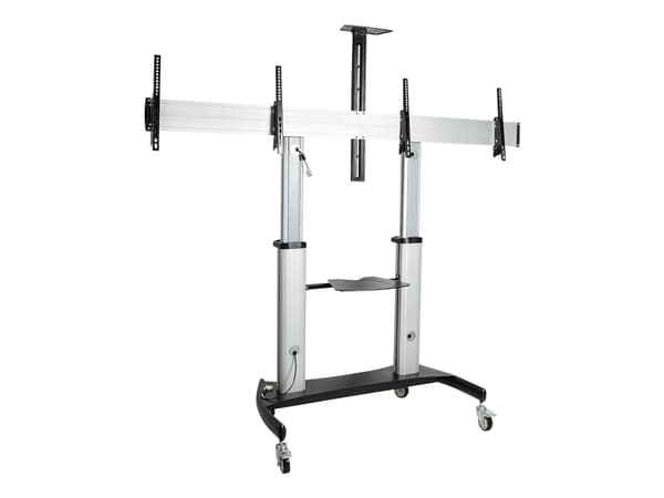 StarTech.com Dual TV Cart for 37-60in VESA TVs up to 110lb (50kg) each, Height Adjustable TV Mount, Mobile Display Cart w/ Webcam & Equipment Shelves