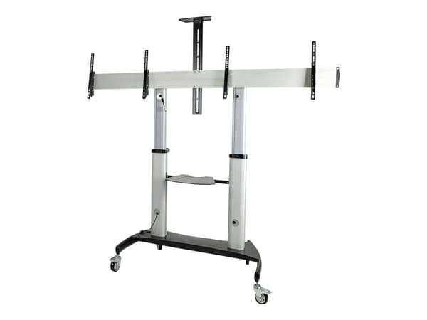 StarTech.com Dual TV Cart for 37-60in VESA TVs up to 110lb (50kg) each, Height Adjustable TV Mount, Mobile Display Cart w/ Webcam & Equipment Shelves