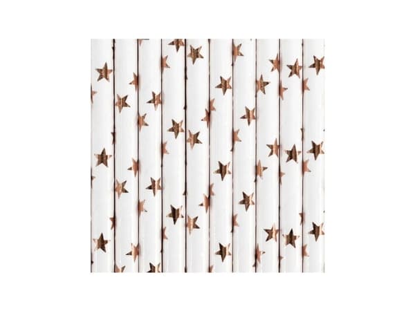 Papirsugerør, hvid med rose gold stjerner