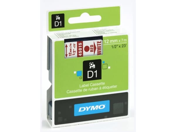 Teksttape, Dymo D1, 12 mm, rød/hvid