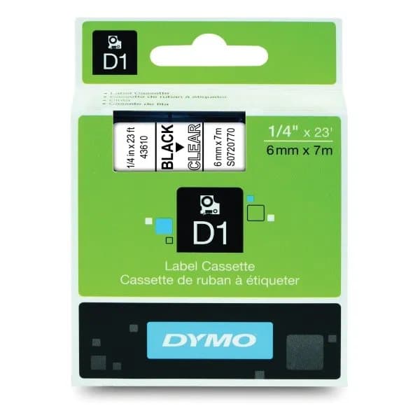 DYMO D1 - vakiopolyesteritarrat - Musta on kirkas -6mm x 7m, Musta läpinäkyvällä, Polyesteri, Belgia, -18 - 90 °C, DYMO, LabelManager, LabelWriter 45